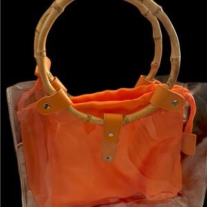 Lancome Transparent Round Bamboo Handle Handbag Tote Removable Orange Interior